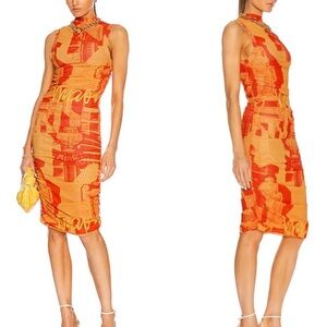 Miaou Sofia Stone Orange Pop Art Ruched Mesh Bodycon Dress size S
